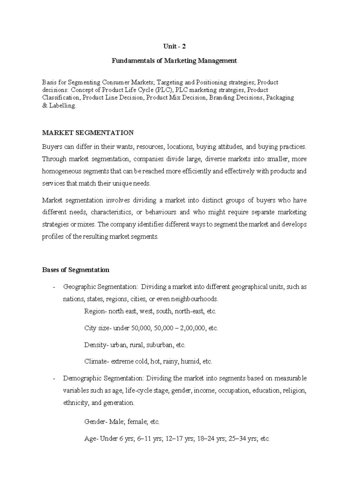 Unit 2 Fo MM - Marketing Management: Segmentation & Product Life Cycle ...