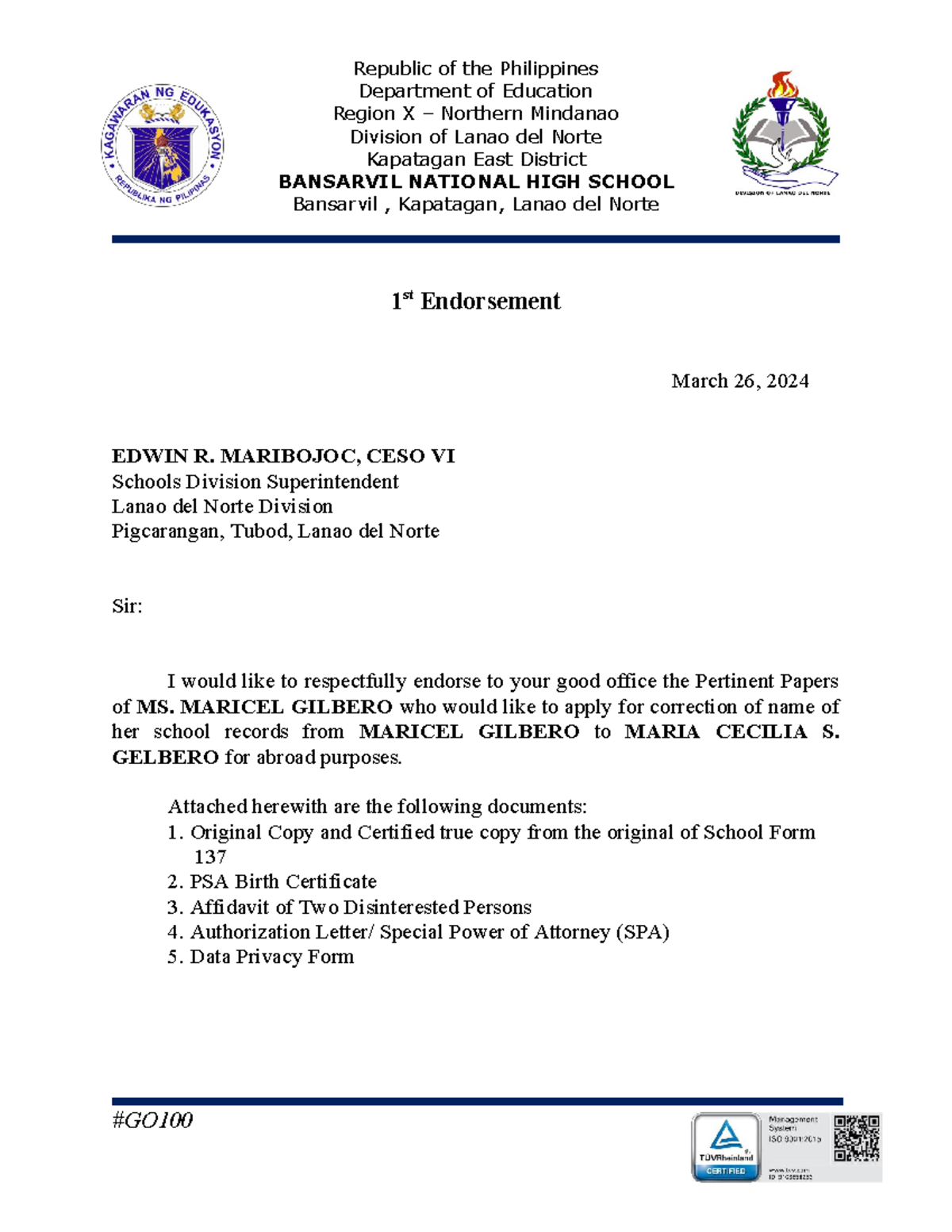 1st Endorsement for Correction of Name: MARICEL to MARIA CECILIA S ...