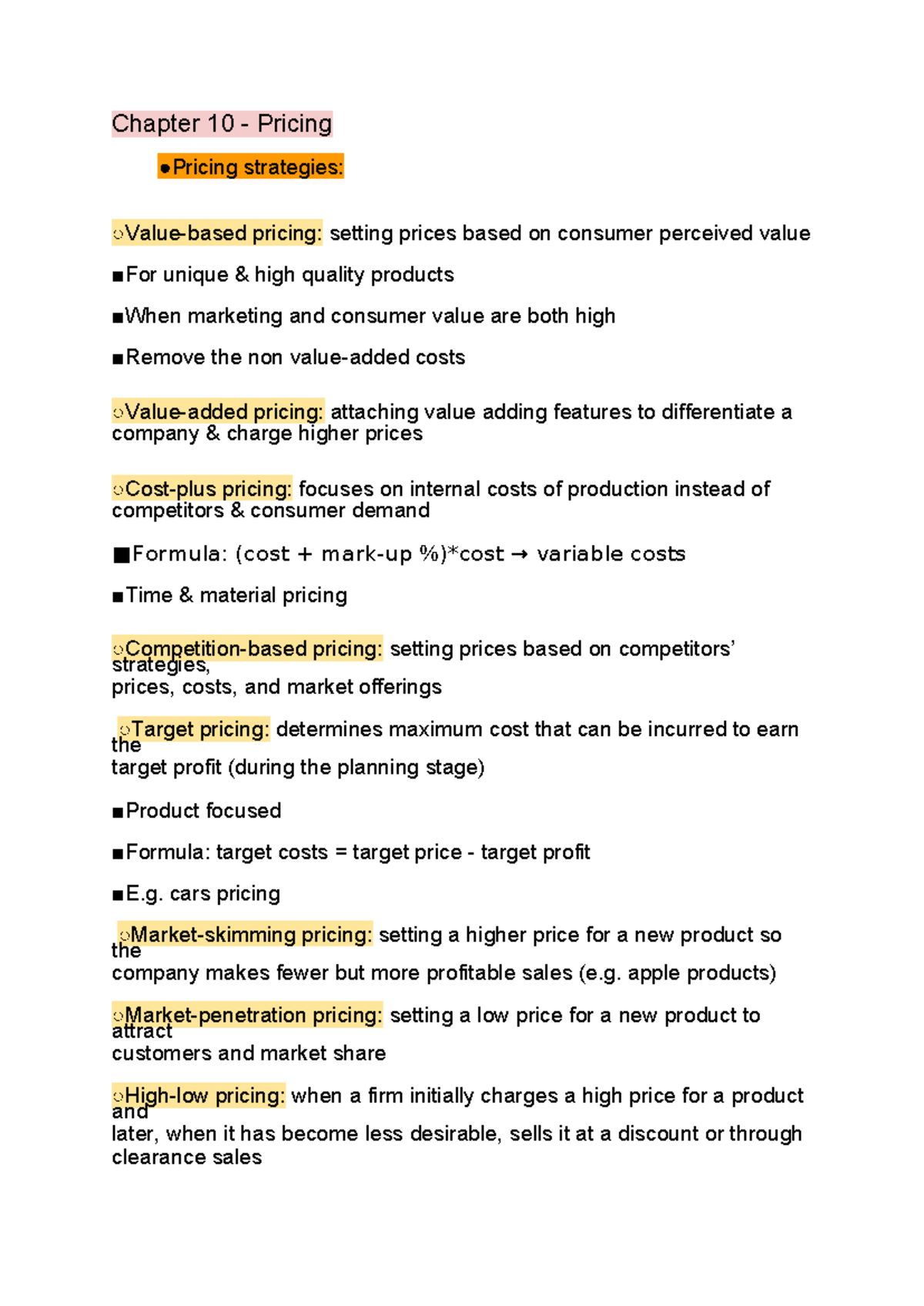 Chapter 10 - Pricing - Chapter 10 - Pricing Pricing strategies: Value ...