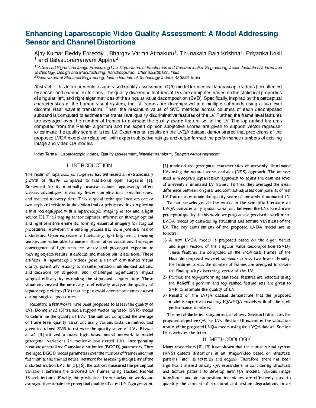 Laparoscopic Video Quality Assessment Model: Addressing Distortions ...