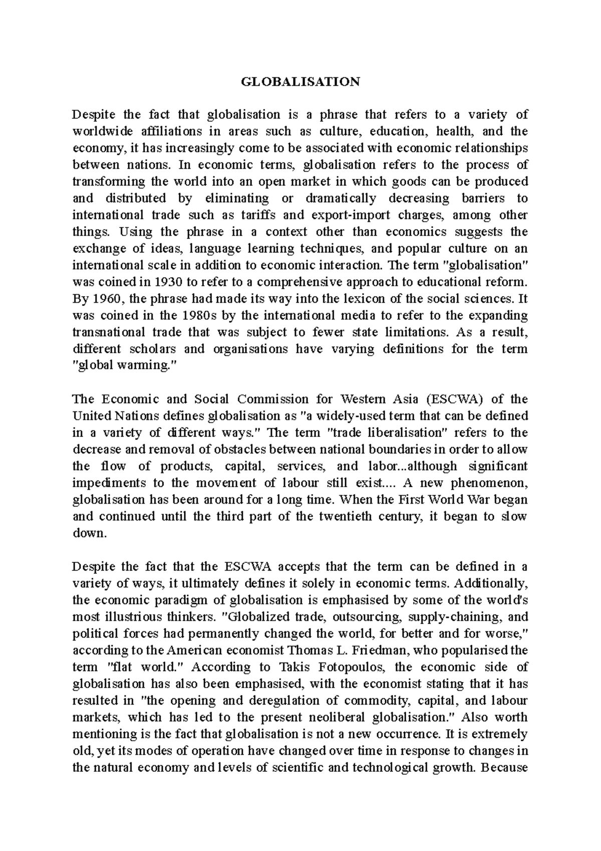 Globalisation - Lecture notes 1 - GLOBALISATION Despite the fact that ...