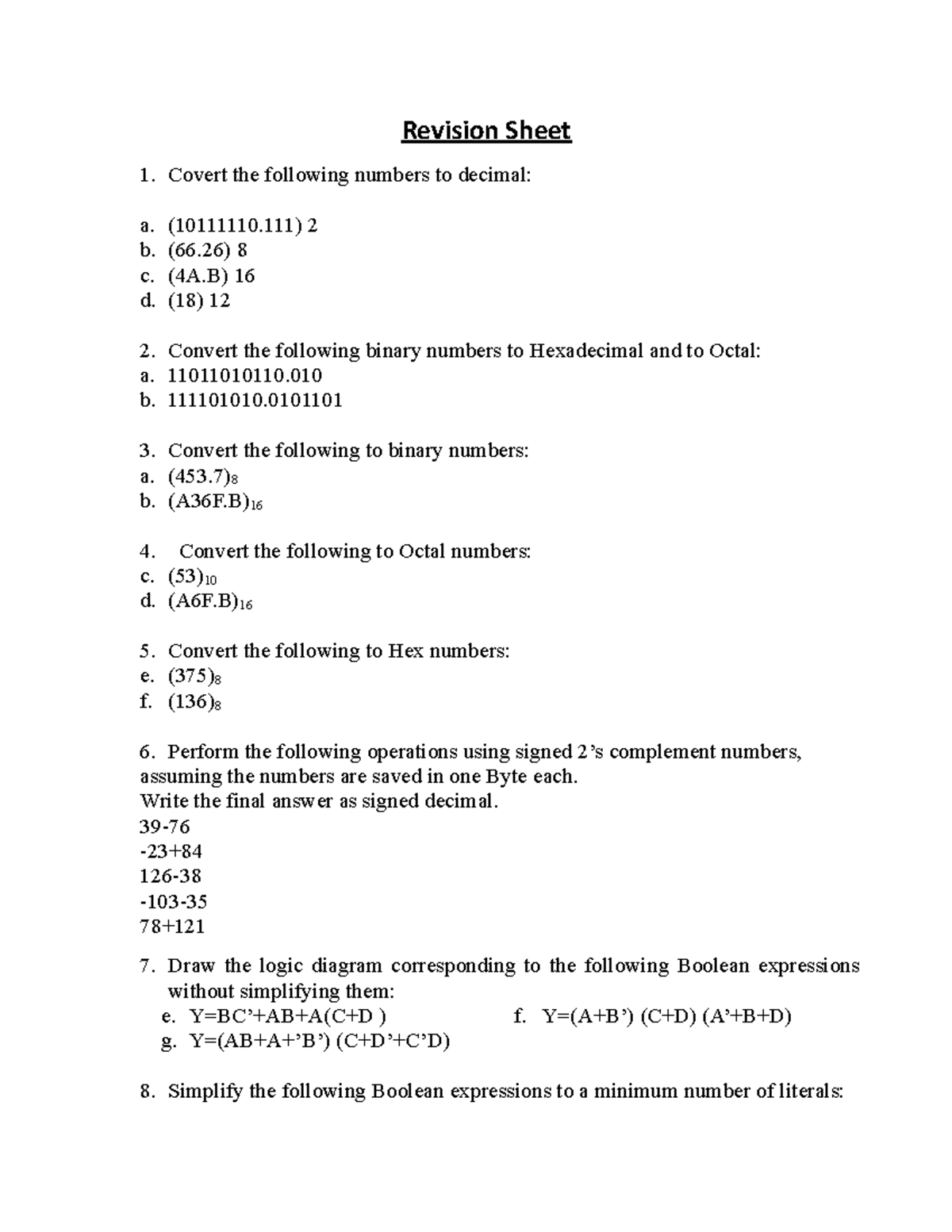 Revision Sheet - Practice Problems for Course Code: 101 - Studocu