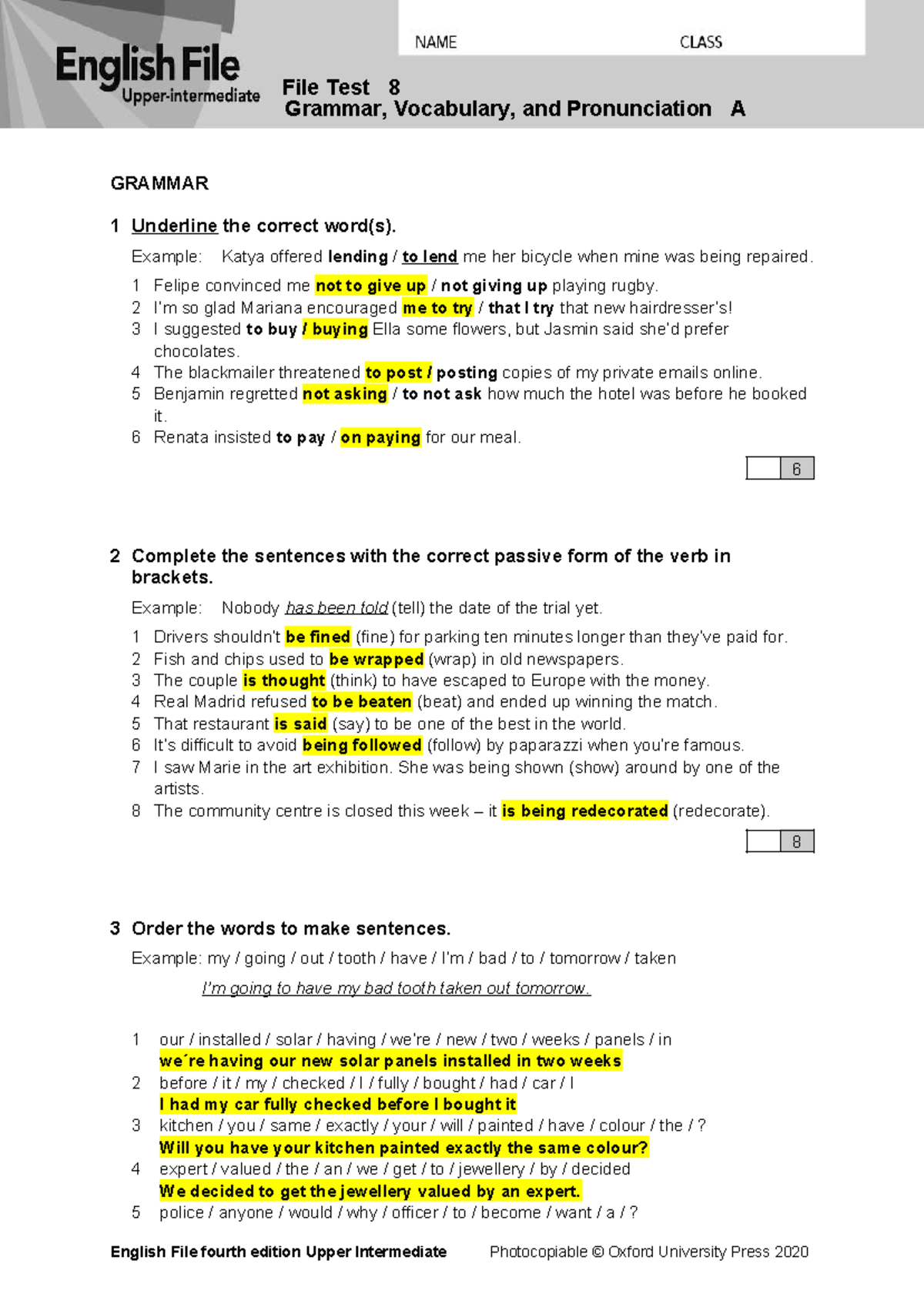 Grammar, Vocabulary, and Pronunciation A - TEST 8 Answers - Document Preview