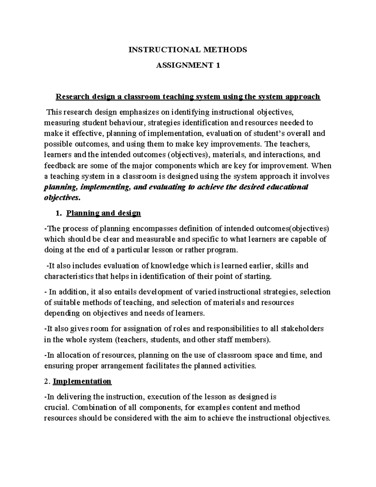 Instructional Methods Assignment 1: Designing a Classroom Teaching ...