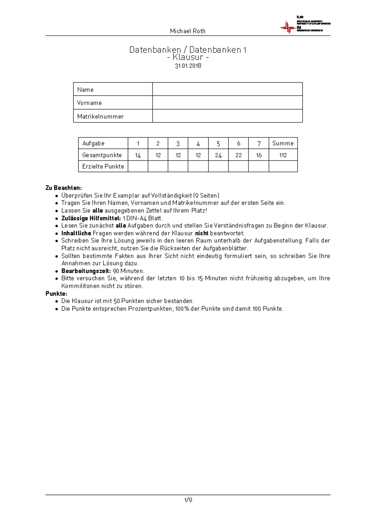 DB 1 Altklausur - Hinweise und Aufgaben für die Klausur am 31.01. - Document Preview