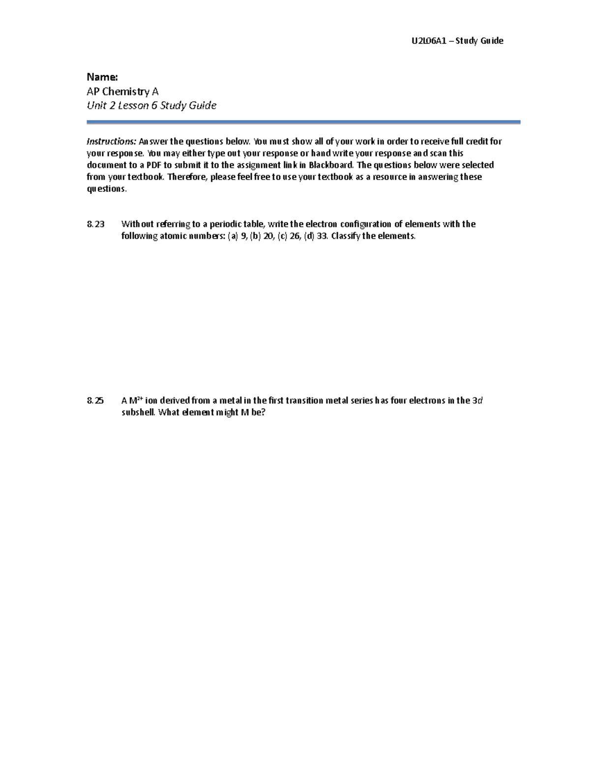 U2L06A1 - AP Chemistry Unit 2 Lesson 6 Study Guide - Studocu