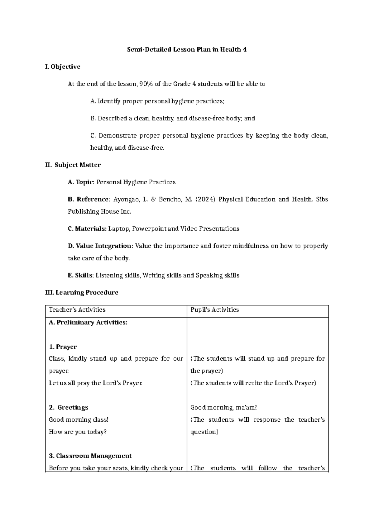 Health 4 Lesson Plan: Personal Hygiene Practices for Grade 4 - Studocu