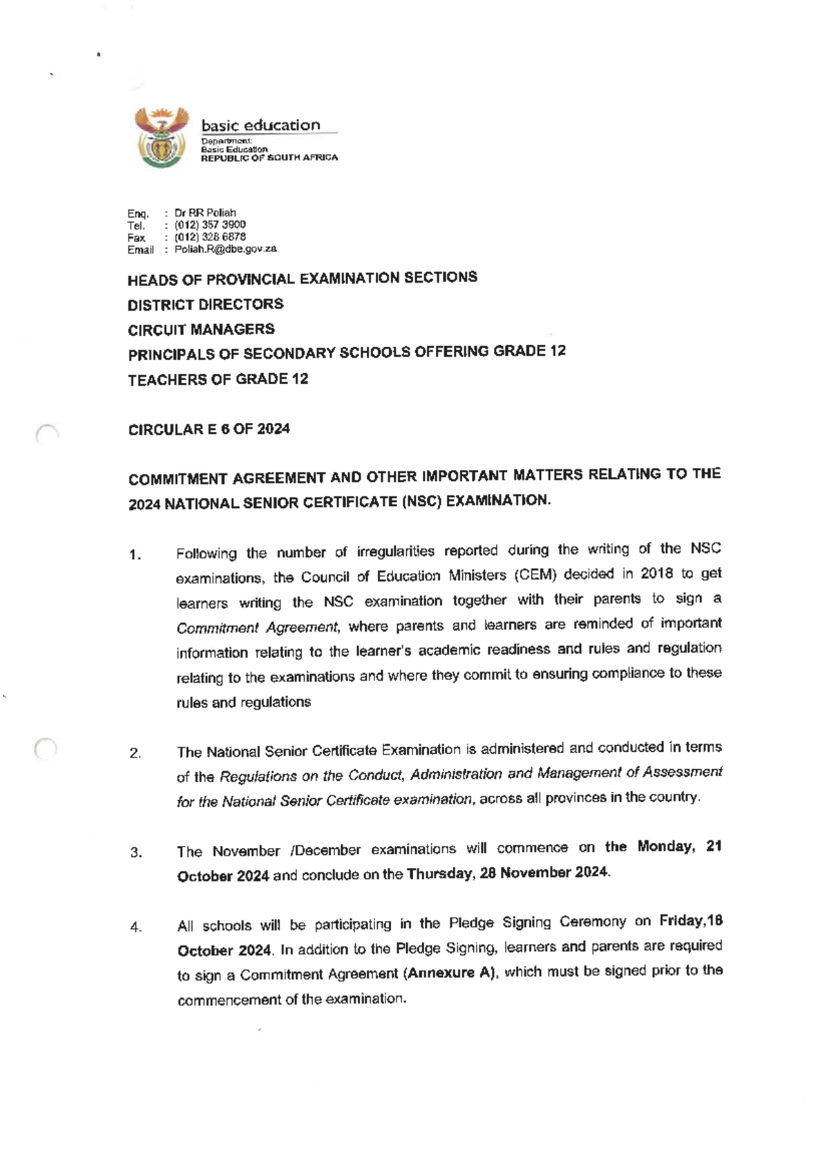 NSC 2024 Circular E6: Commitment Agreement & Exam Guidelines - Studocu