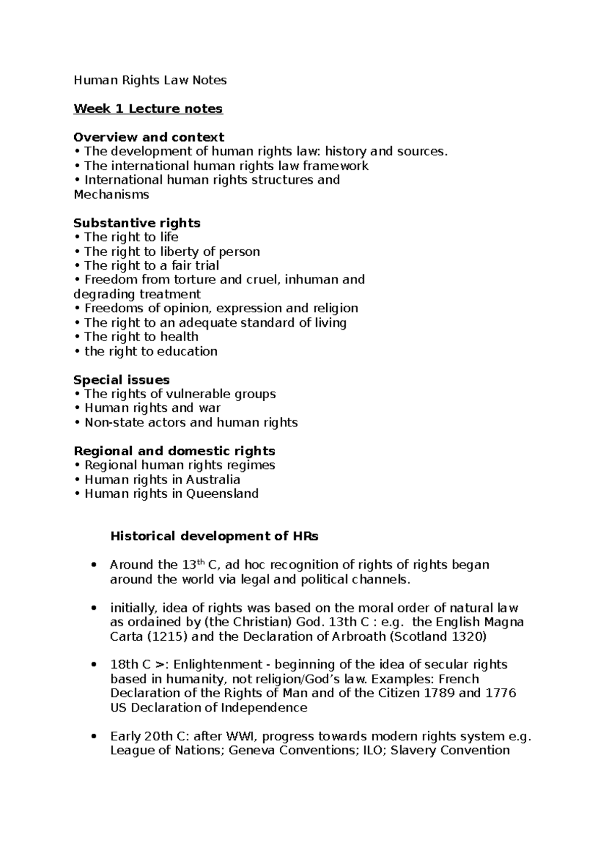 Human Rights Law Notes (HRL101) - Week 1 Overview and Context - Studocu