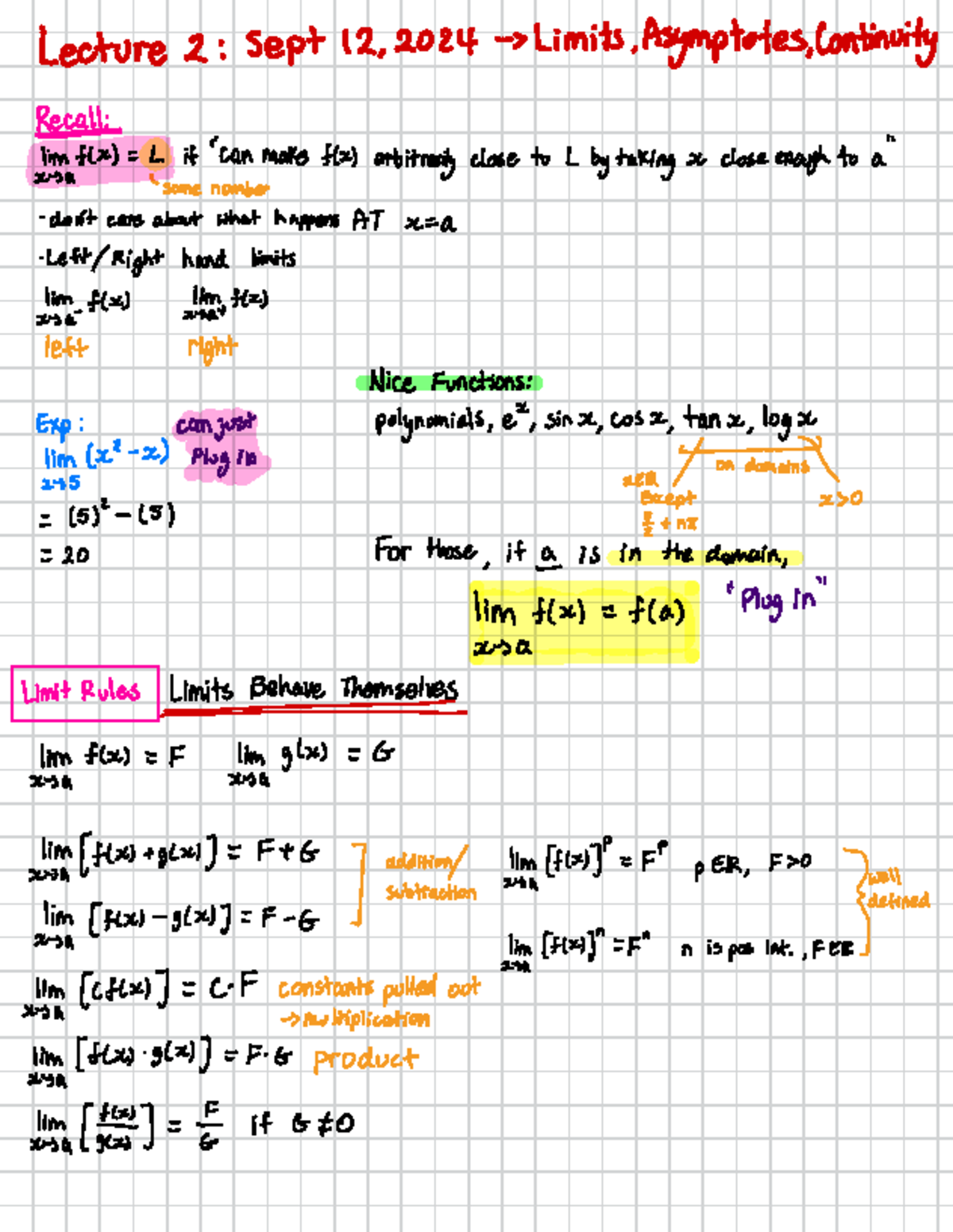 Math 100 Lecture 2 Notes - Lecture 2 : Sept 12 , 2024 - > Limits ...