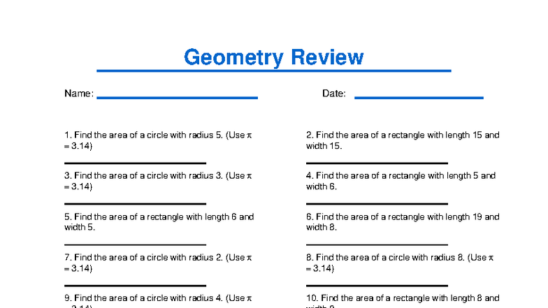 Geometry Review 1: Area Calculations and Answers - Studocu