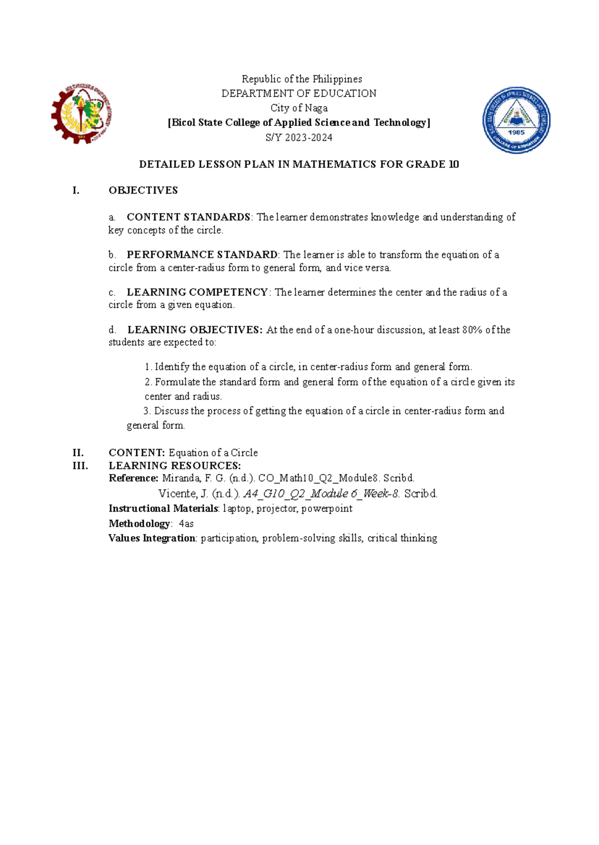 Detailed Lesson Plan in Mathematics: Equation of a Circle (BSEDMATH 4A ...