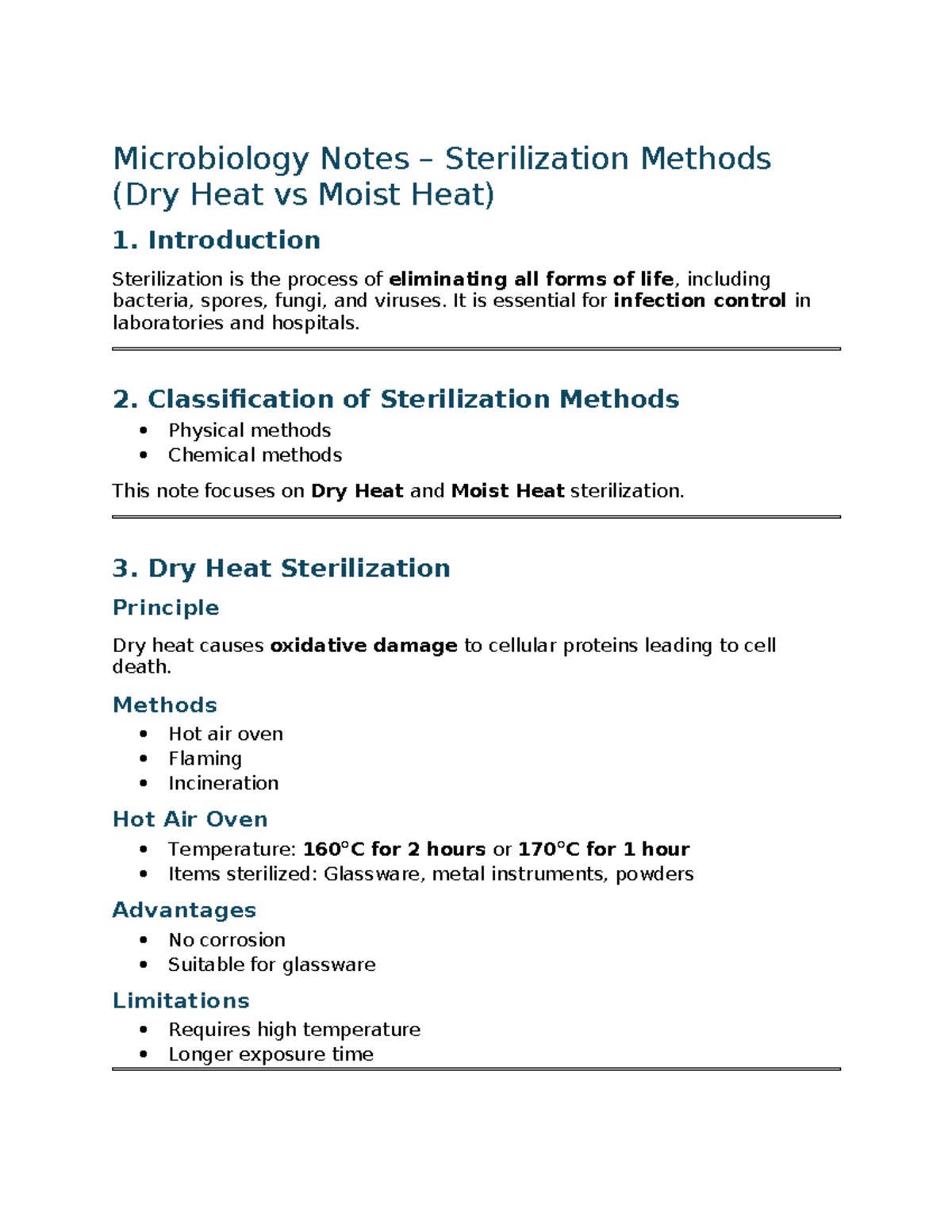 Sterilization Methods: Dry Heat vs Moist Heat (Microbiology, MLT) - Studocu