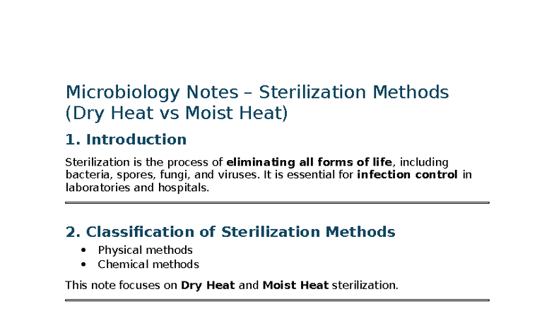 Sterilization Methods: Dry Heat vs Moist Heat (Microbiology, MLT) - Studocu