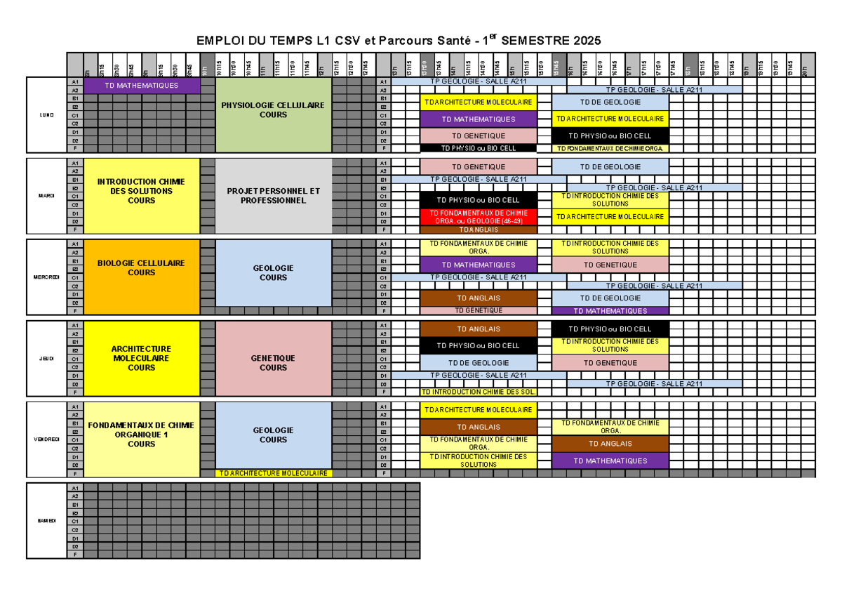 L1 CSV - LAS1 - Emploi du Temps Semestre 1 - 2025 - Studocu