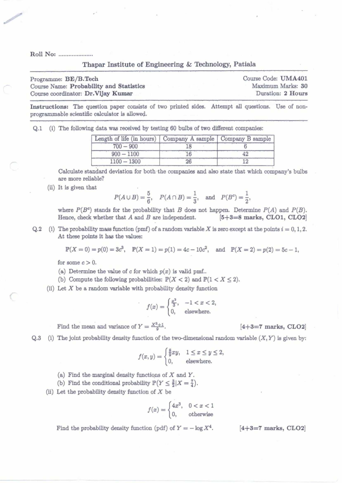 UMA401 Probability and Statistics Midterm Exam July 2025 - Studocu