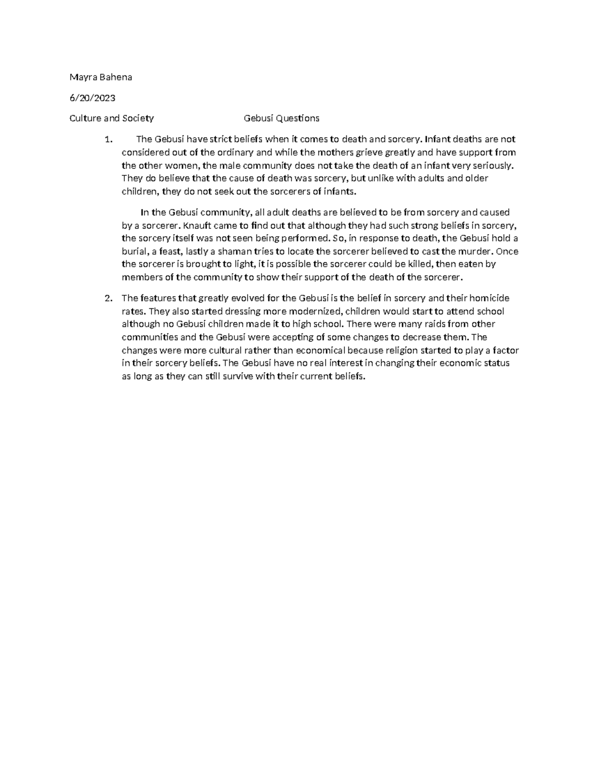 Cultural Insights: Gebusi Community and Sorcery Beliefs Q&A - Studocu