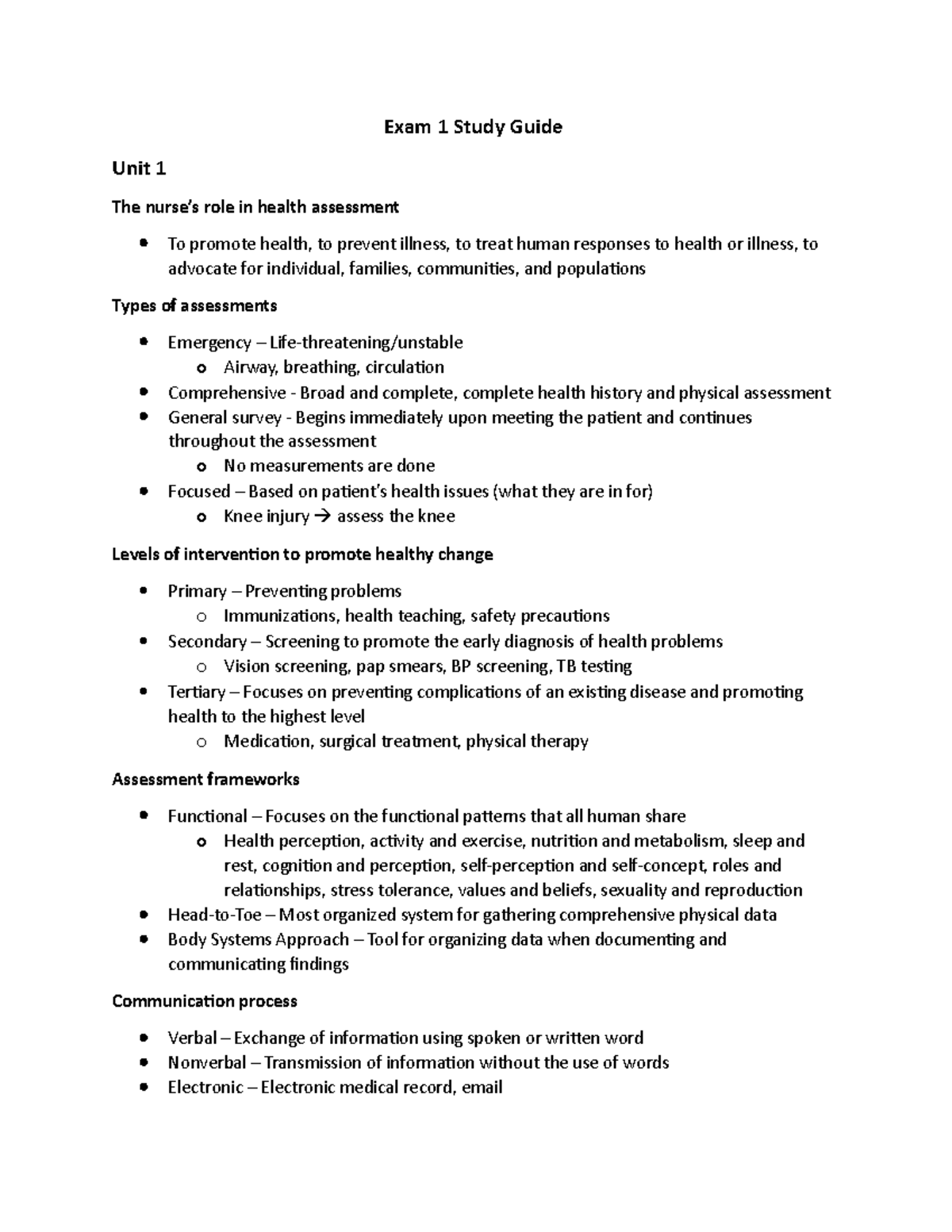 Exam 1 Study Guide: Health Assessment Fundamentals and Techniques - Studocu