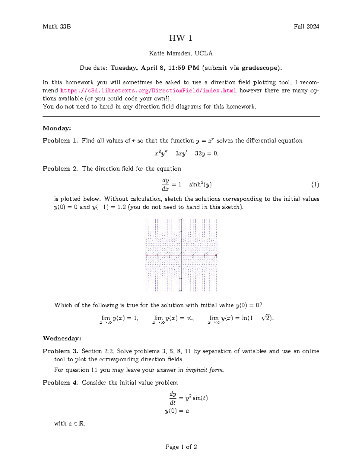Math 33B Fall 2024 Homework 1: Direction Fields & Differential ...