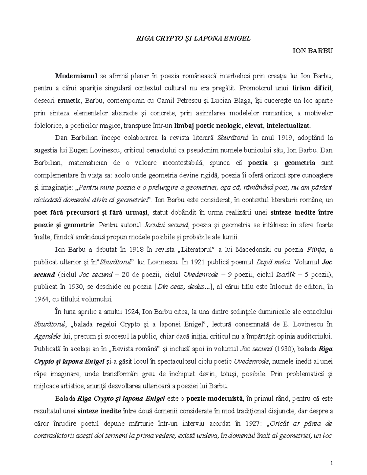 Analiza baladelor moderne: Riga Crypto și lapona Enigel de Ion Barbu -  Studocu