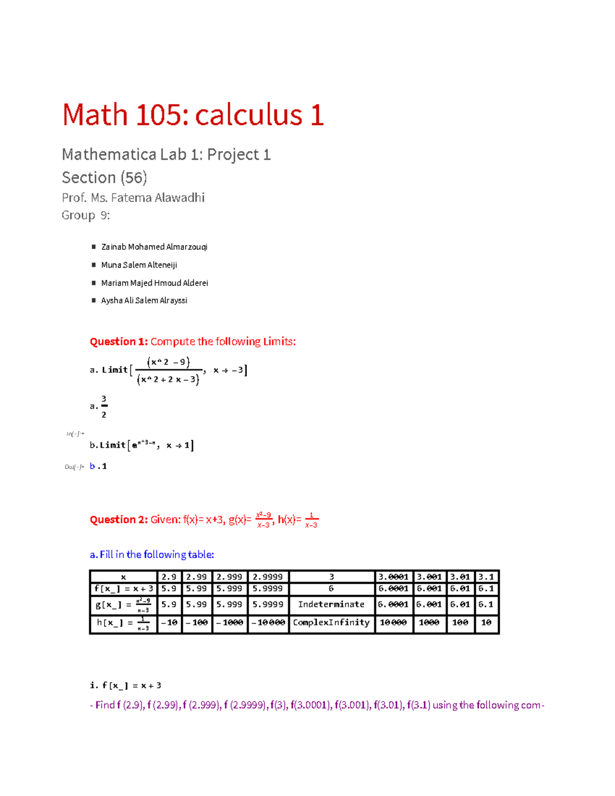 Math 105: Calculus 1 Mathematica Project 1 - Limits and Continuity ...