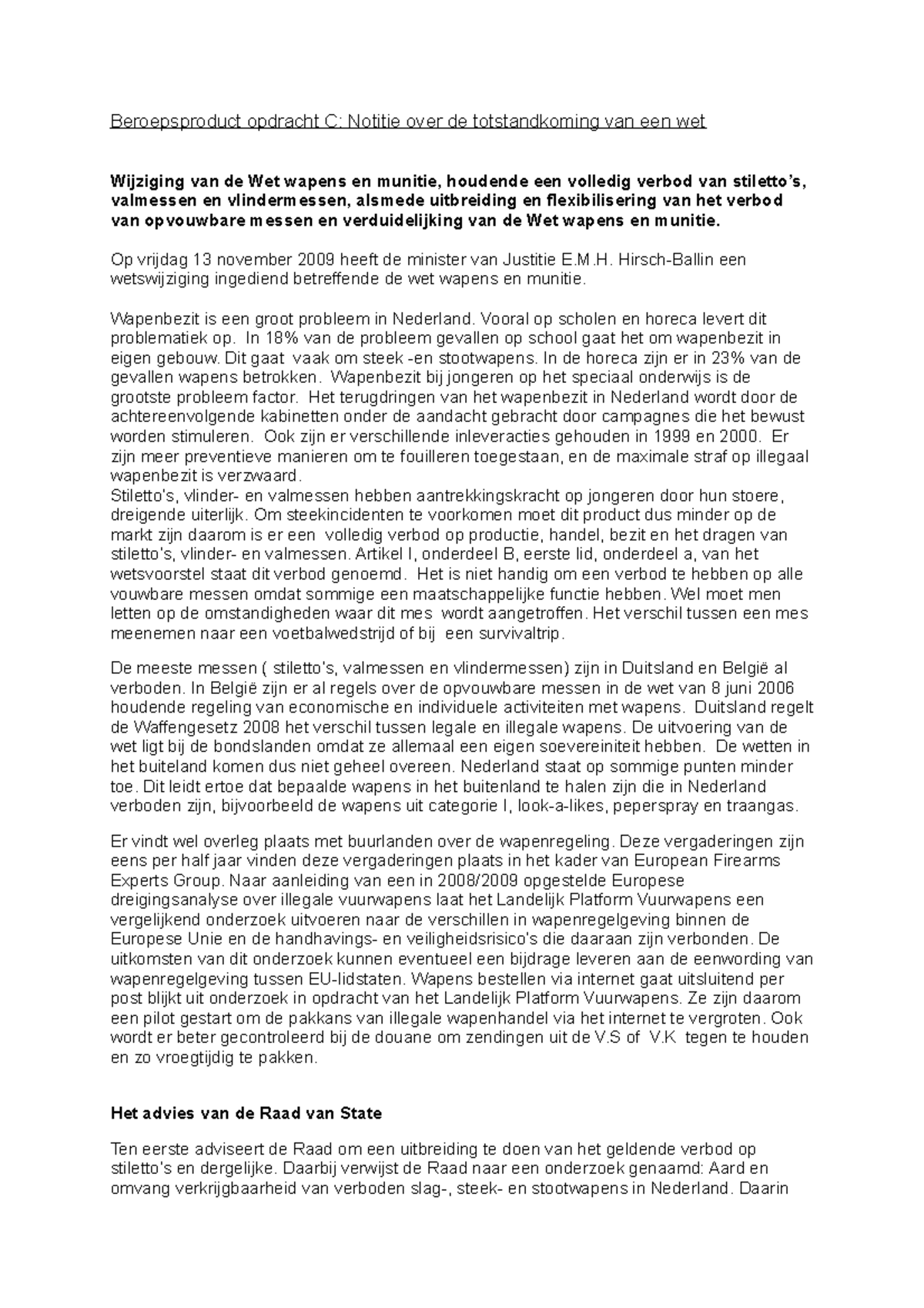 Beroepsproduct C: Notitie over de Wijziging van de Wet Wapens en ...