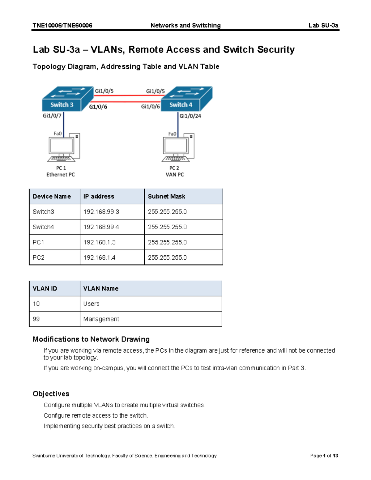 Lab SU-3a - notes - Lab SU-3a – VLANs, Remote Access and Switch ...