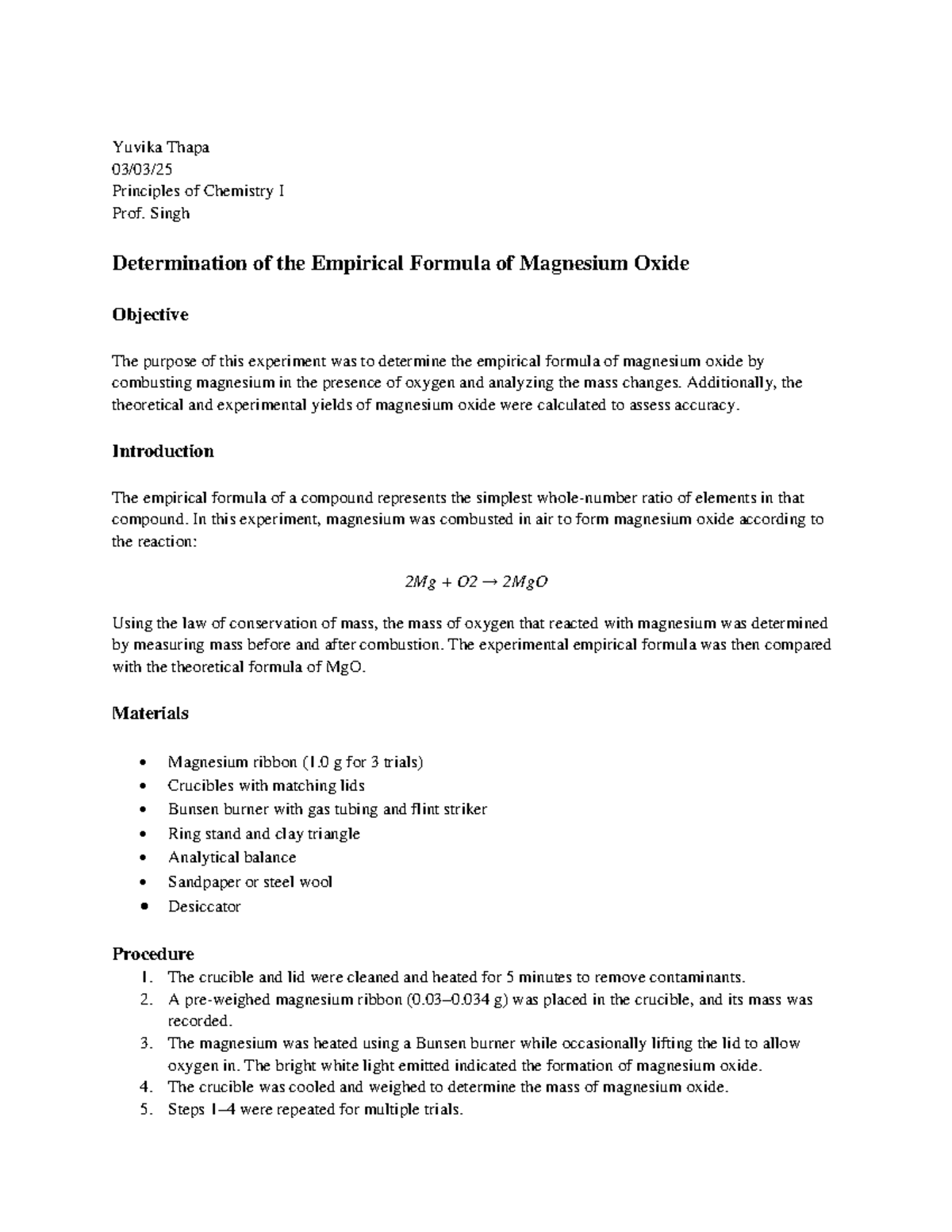 Determination of the Empirical Formula of Magnesium Oxide Lab Report ...
