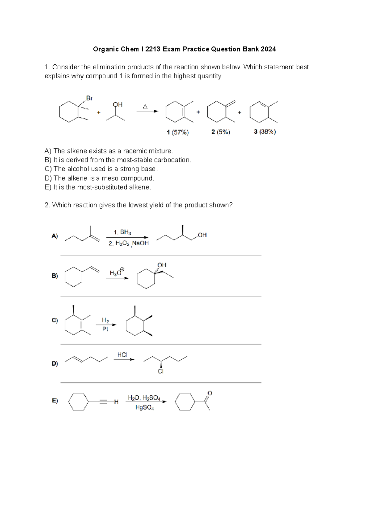Organic Chem I Exam Practice 2024 - Organic Chem I 2213 Exam Practice ...