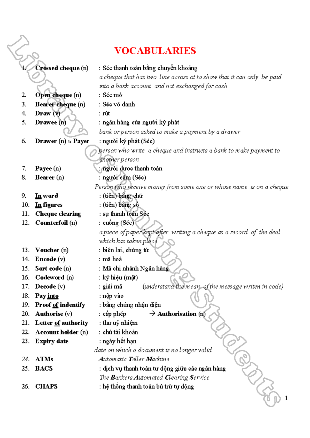 Vocabulary for Banking Terms (Li) - Studocu