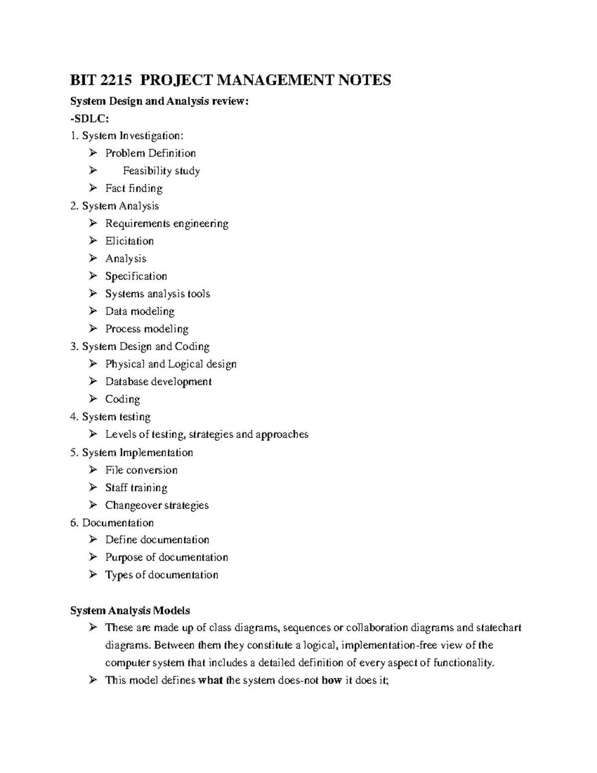 BIT 2215 PROJECT MANAGEMENT: Comprehensive Study Notes - Studocu