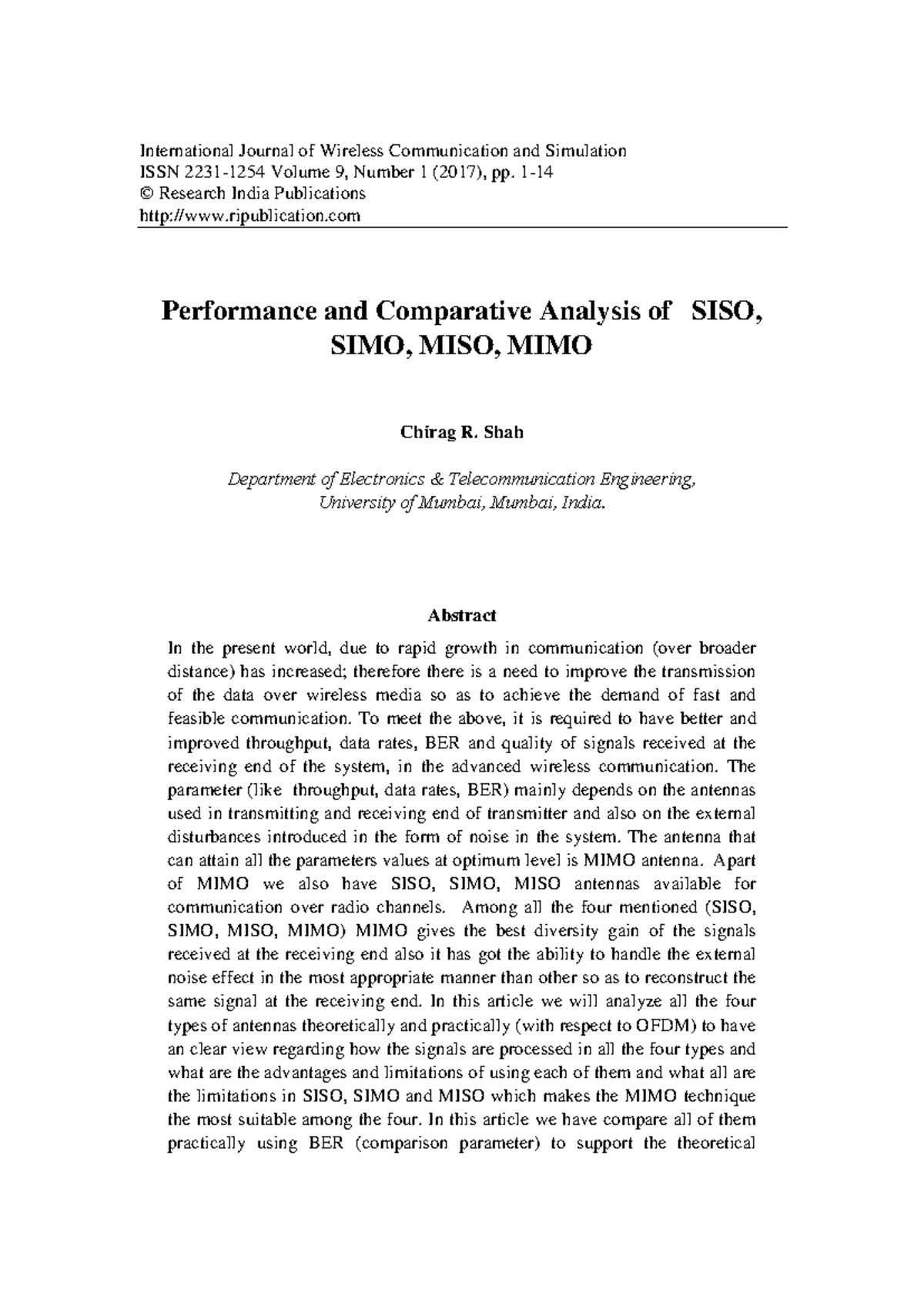 Performance & Comparative Analysis of SISO, SIMO, MISO, MIMO (ENG 101 ...