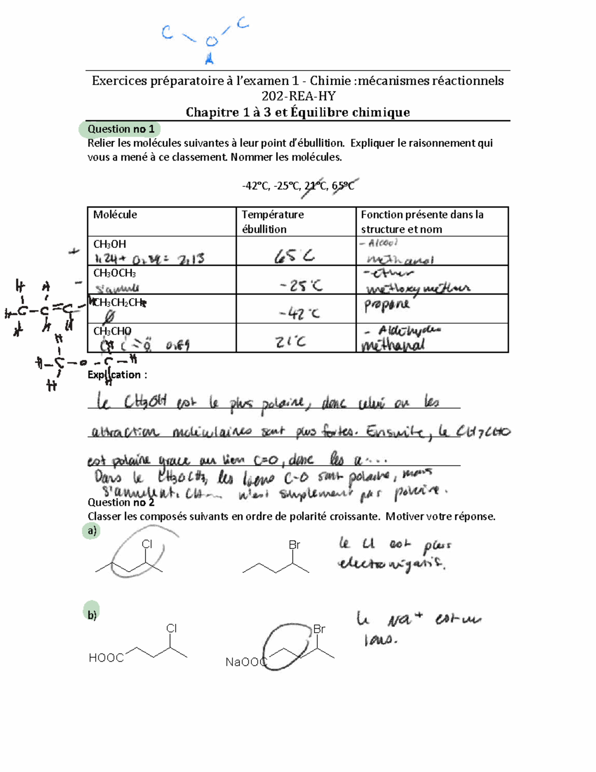 24H - Examen formatif 1 : Mécanismes Réactionnels et Équilibre Chimique ...