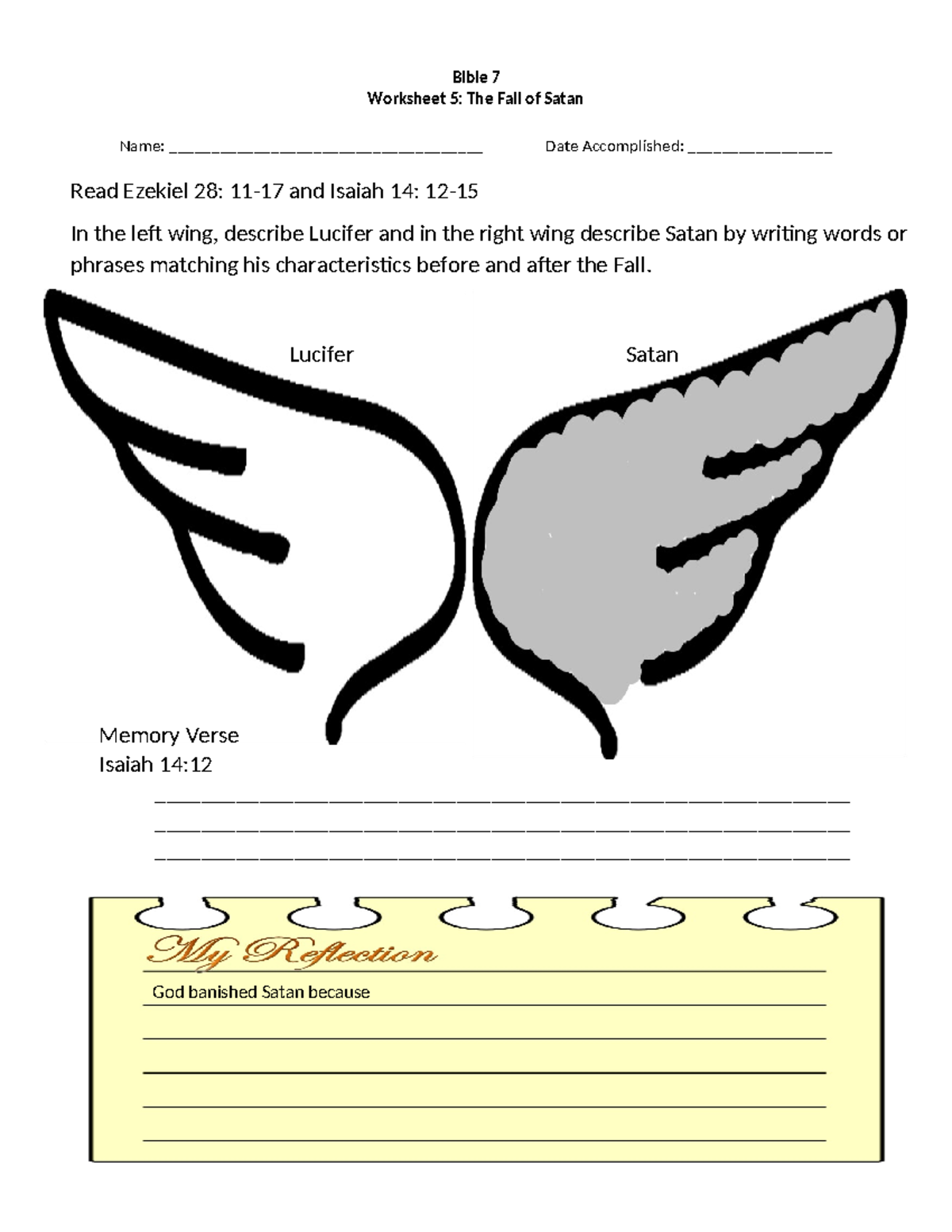 Bible 7 WS 5 - worksheet - Bible 7 Worksheet 5: The Fall of Satan Name ...