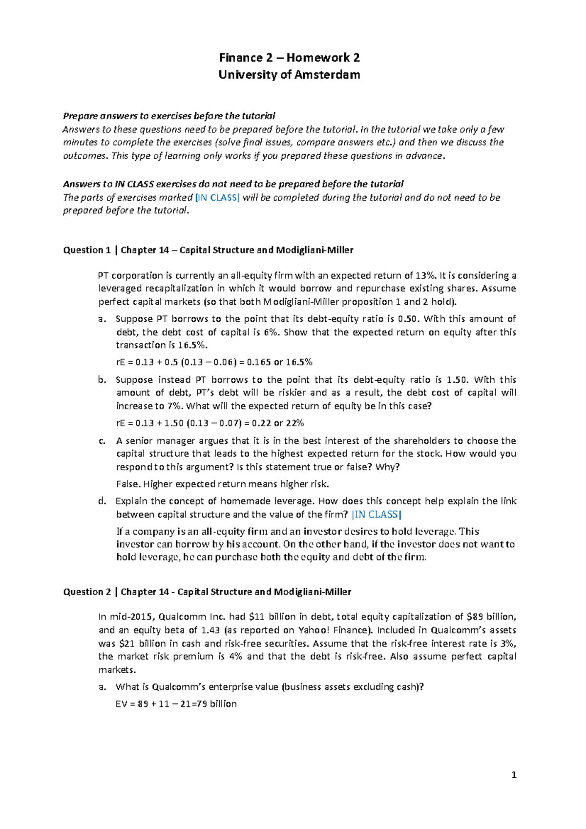 Finance 2 - Homework 2: Capital Structure Analysis and Exercises ...