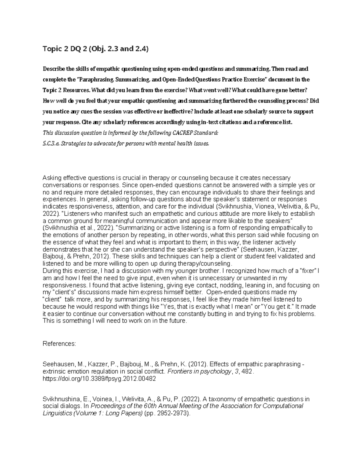 Week 2 Discussion 2: Empathic Questioning Skills in Counseling - Studocu