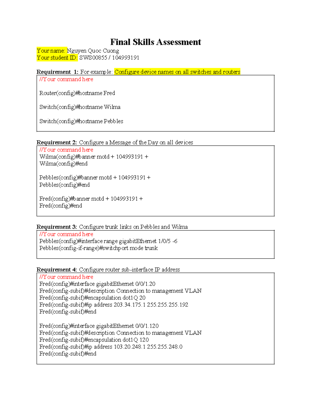 SWS00855: Final Skills Assessment Answer Sheet for Networking - Studocu