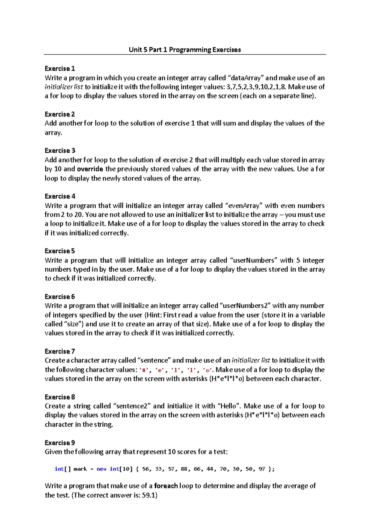 SOD Unit 5 Programming Exercises: Pass & Fail Rates, Marks Analysis ...