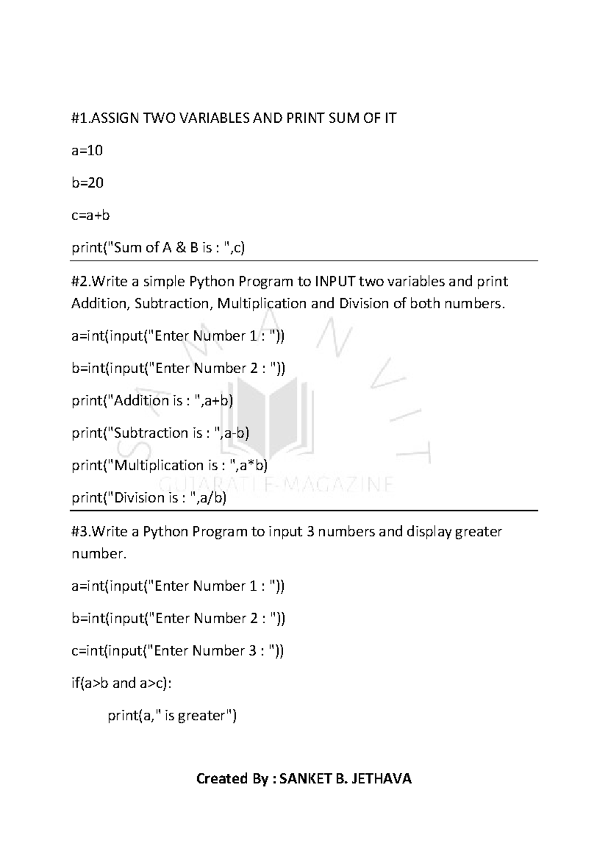 All Programs of Python pdf - #1 TWO VARIABLES AND PRINT SUM OF IT a= b ...