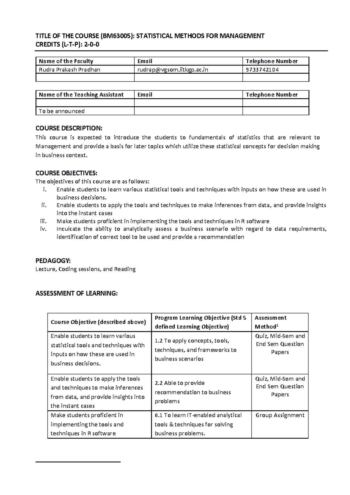 BM63005: Statistical Methods for Management - Course Outline and ...