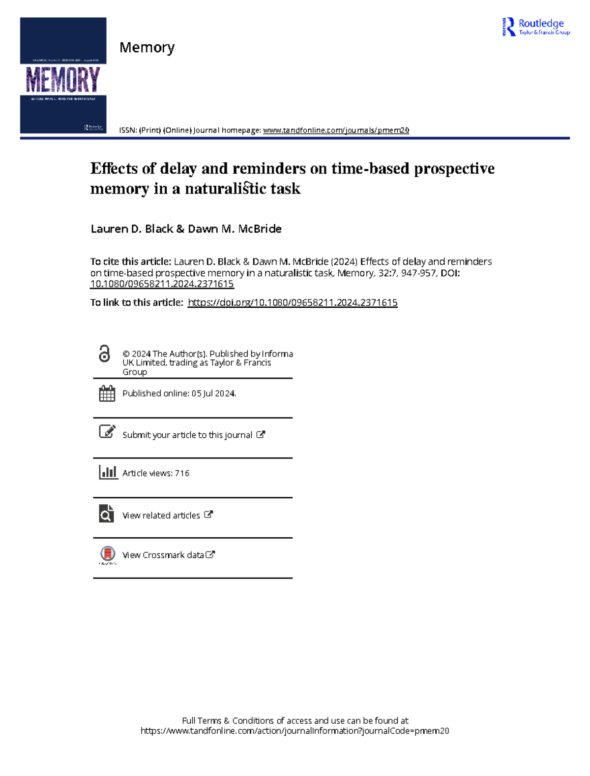 Effects of Delay and Reminders on Time-Based Prospective Memory ...