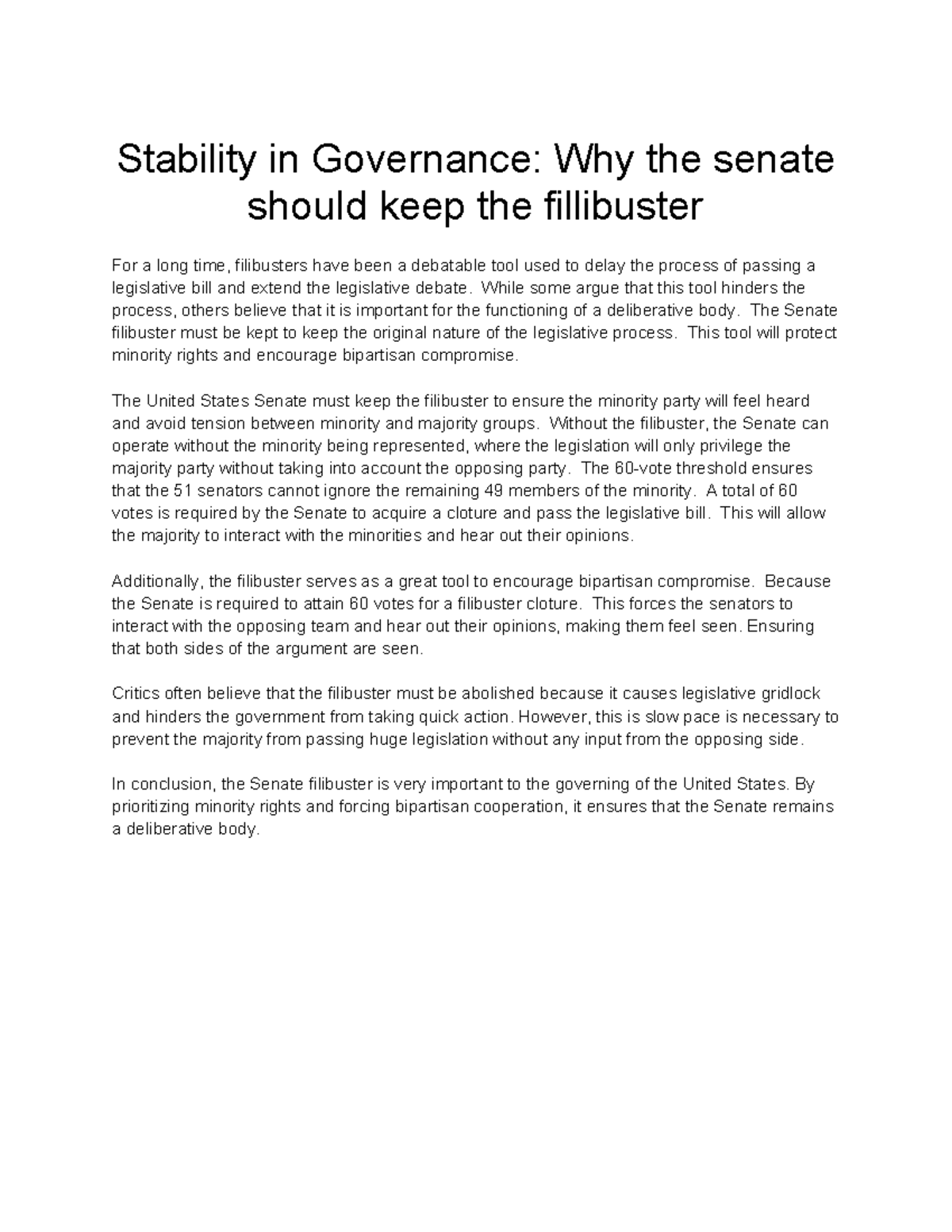 Senate Governance: The Case for Retaining the Filibuster - Studocu