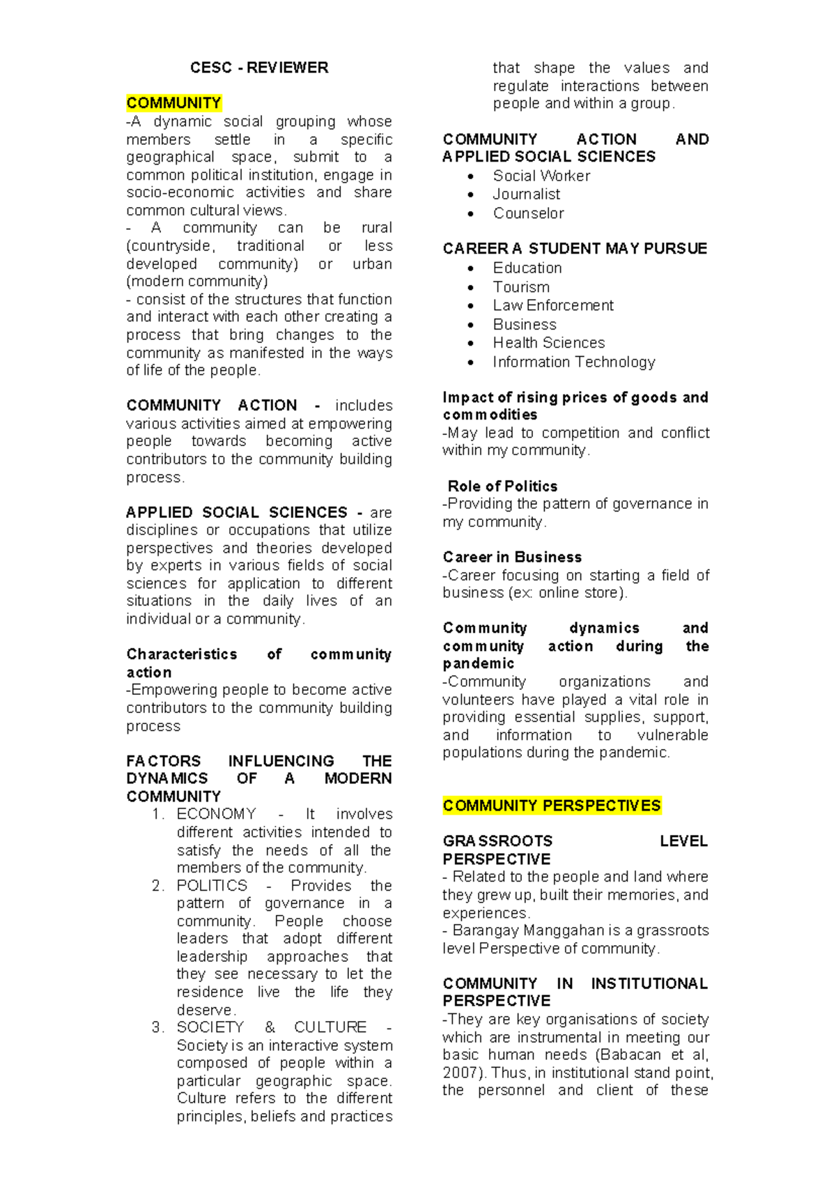 CESC 2ND SEM Q1 REVIEWER: Community Dynamics & Action Insights - Studocu