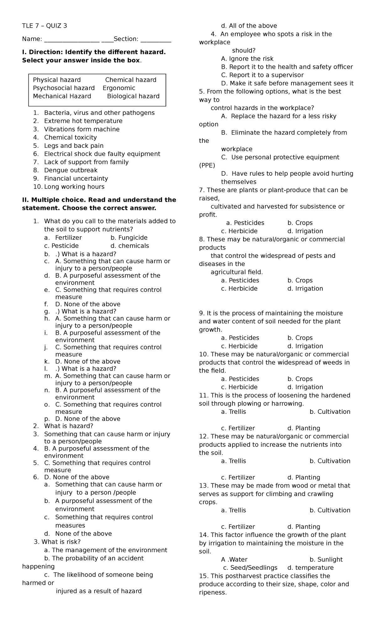 TLE 7 - QUIZ 3 - UNDERSTANDING HAZARDS AND RISKS IN LIFE - Studocu