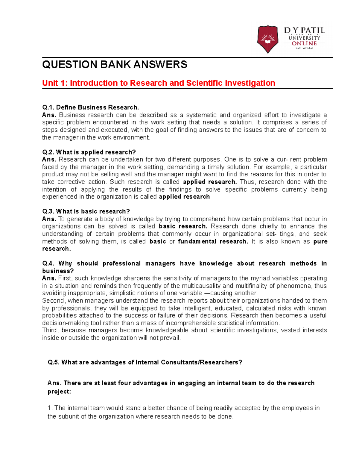 Module 1 QBA: Comprehensive Question Bank Answers on Research Concepts ...