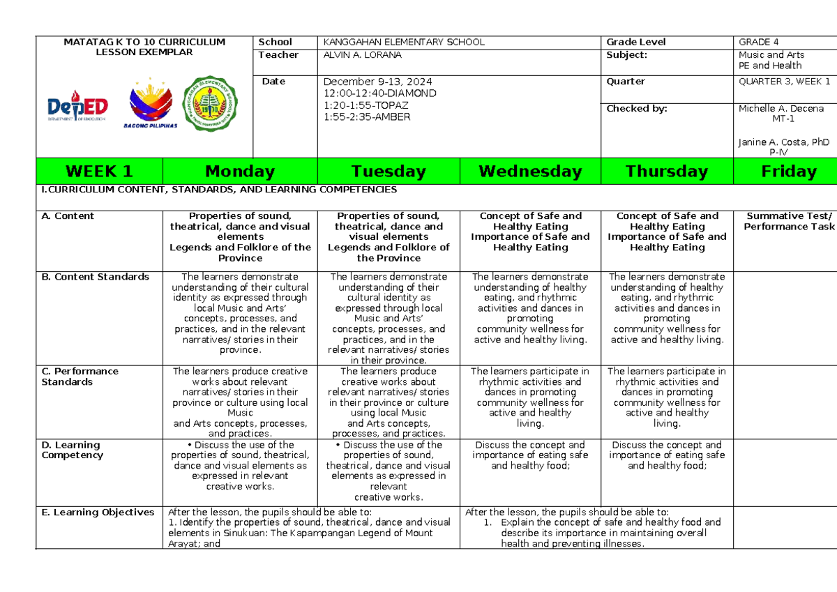 W1-DLP MAPEH Q3: Grade 4 Music & Arts Lesson Exemplar - Studocu