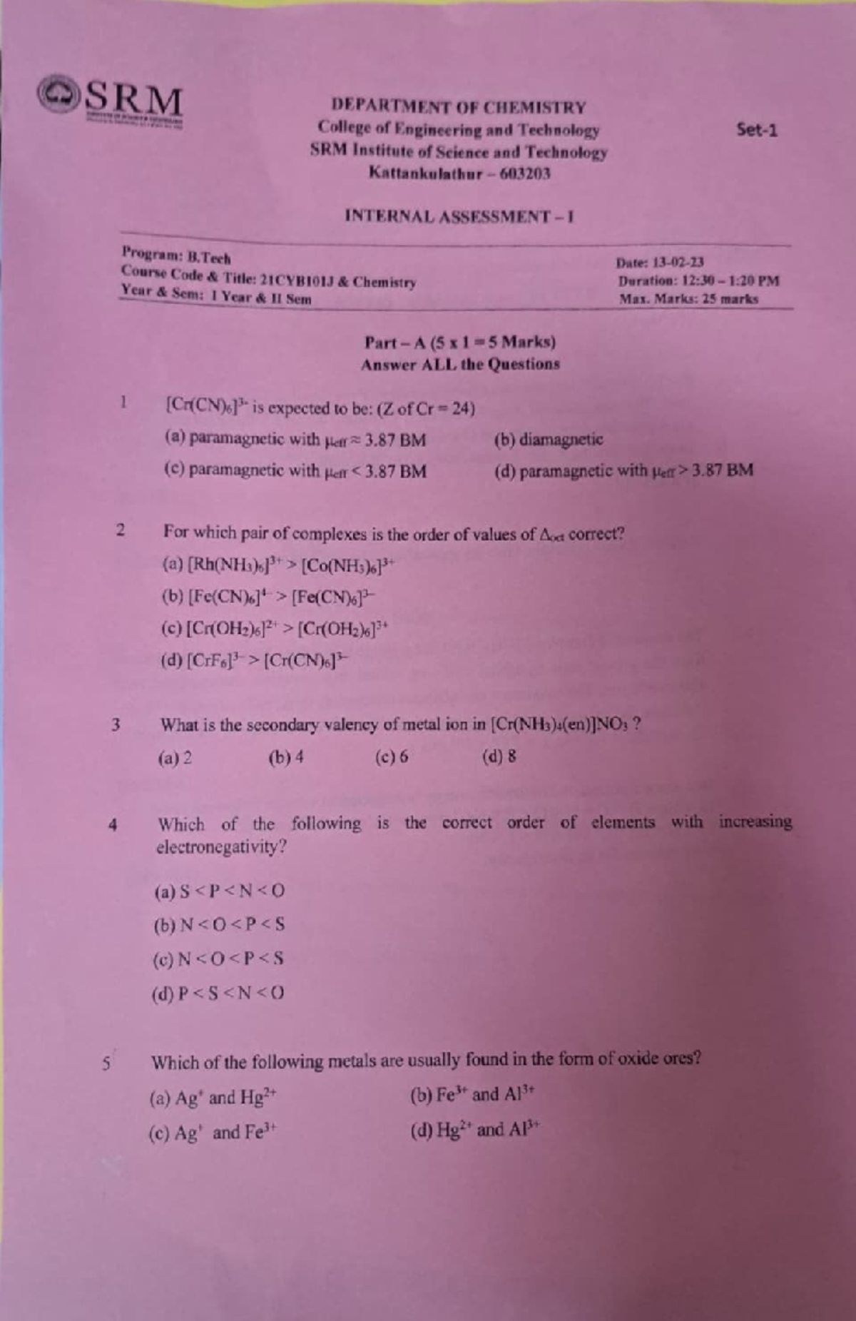 Chemistry CT question paper - GSRM 4 5 3 Program: B 1 2 Course Code ...