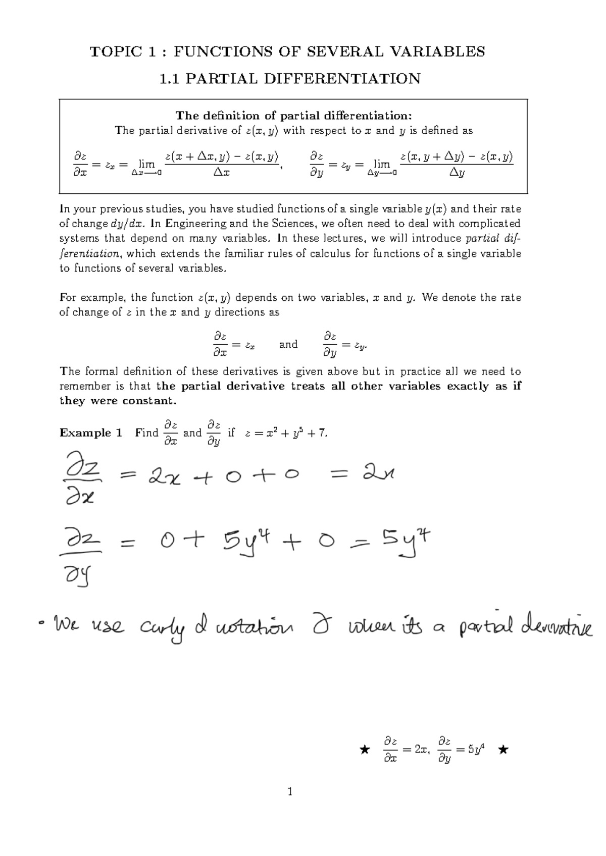Functions of Several Variables: Partial Differentiation (Course Code: 1 ...