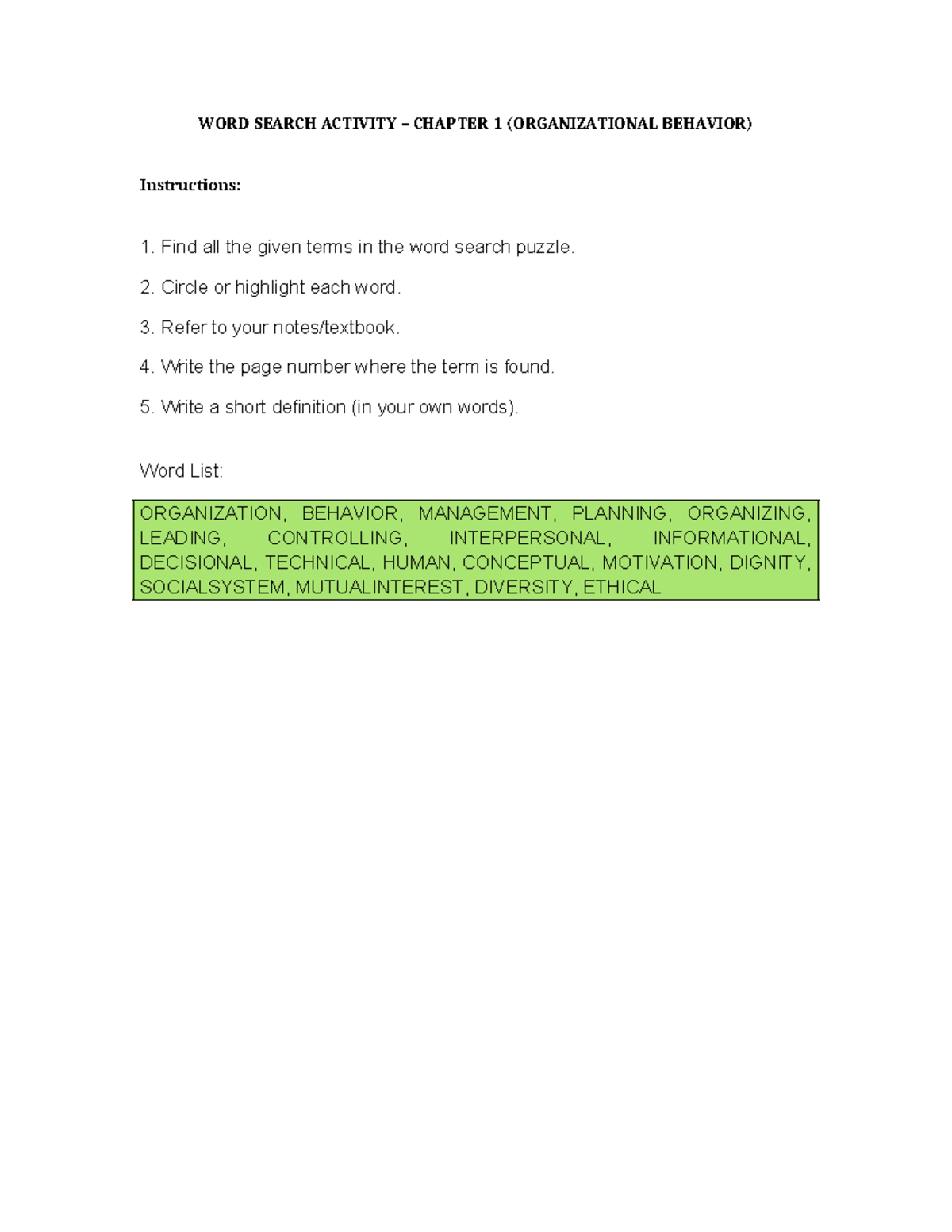 OB Word Search Activity: Chapter 1 (Organizational Behavior) - Studocu