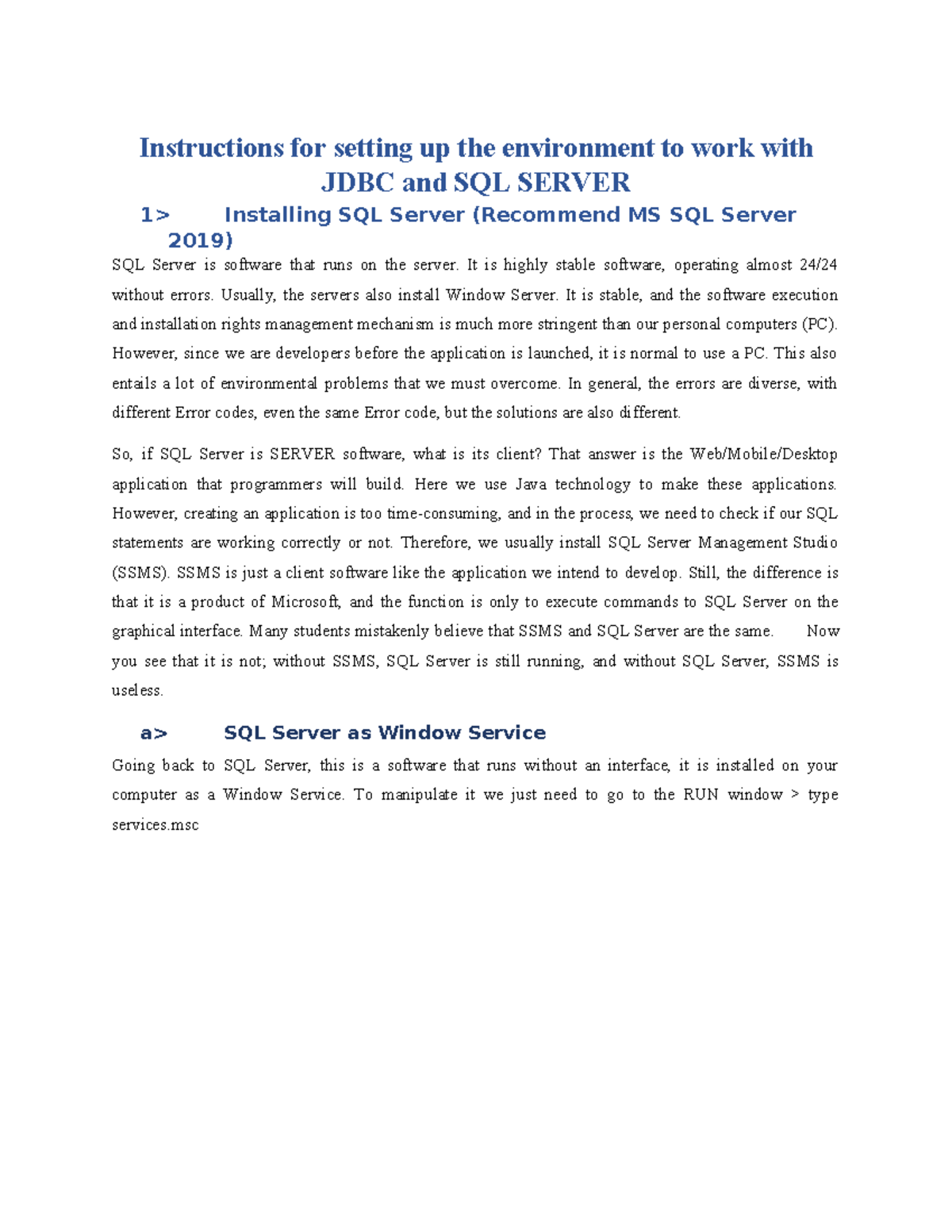 Instructions to Install the Environment for JDBC 1 - Instructions for ...
